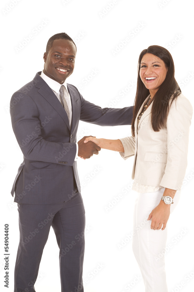 business man and woman shake looking