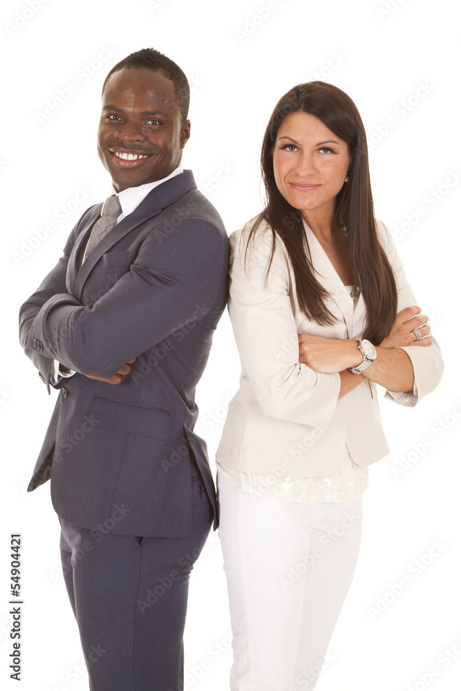 business man and woman stand back to back smile business man and woman stand back to back smile
