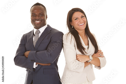 business man and woman stand back to back close smile