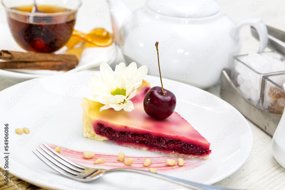 piece of cherry pie on a table in a restaurant piece of cherry pie on a table in a restaurant