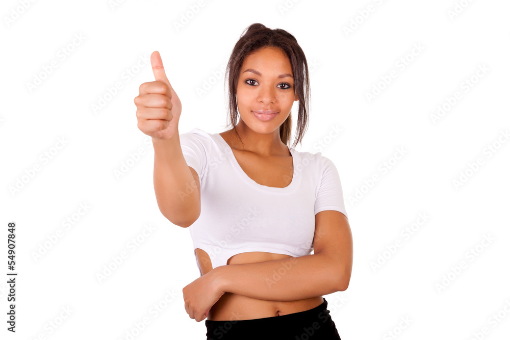 Portrait Of african Young Woman Showing Thumb up sign Portrait Of african Young Woman Showing Thumb up sign