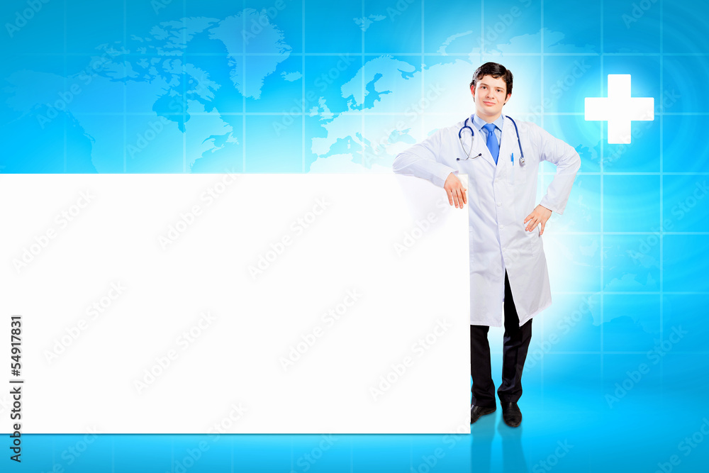 Doctor with blank banner Doctor with blank banner