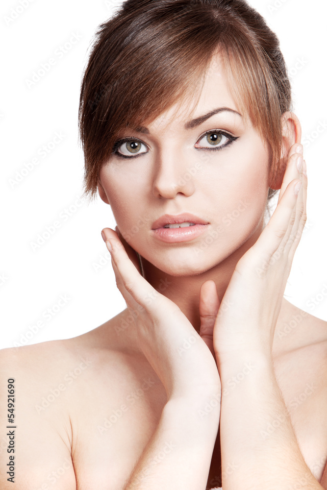 beauty. Young brunette woman on white background beauty. Young brunette woman on white background