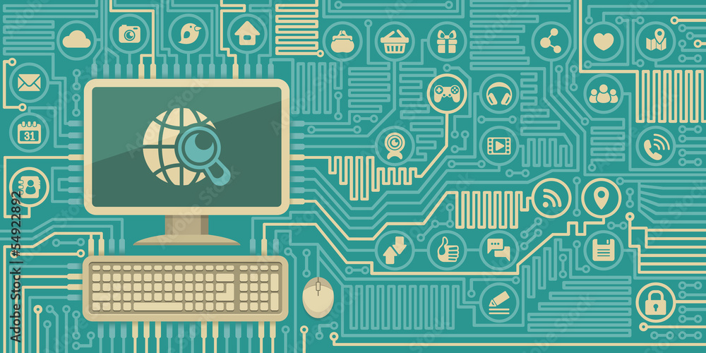 Computer Board with a Personal Computer and Social Media Icons