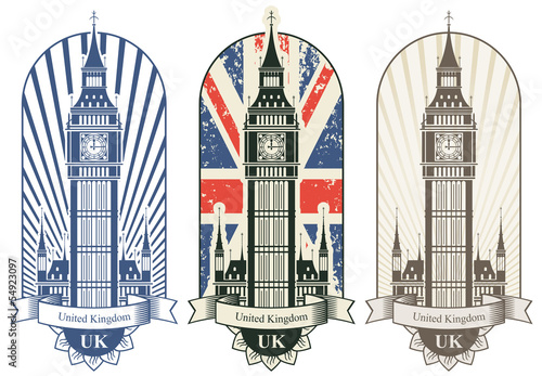 three posters with Big Ben and the British flag