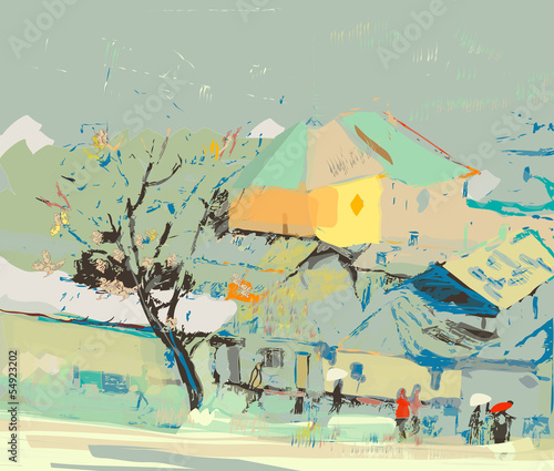 city scape  on a rainy day