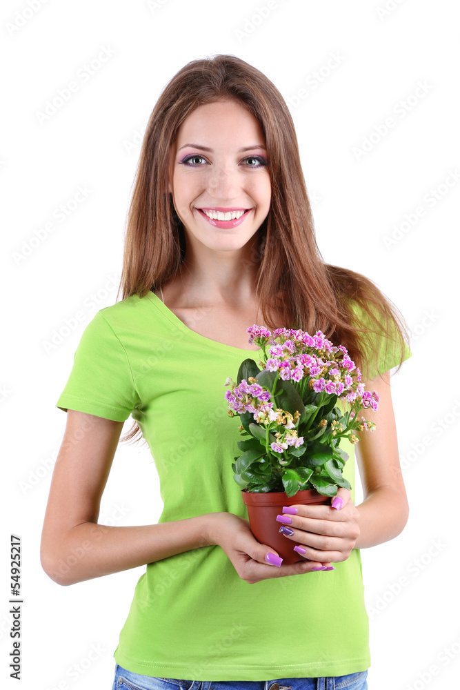 Beautiful girl with flower in pot isolated on white Beautiful girl with flower in pot isolated on white