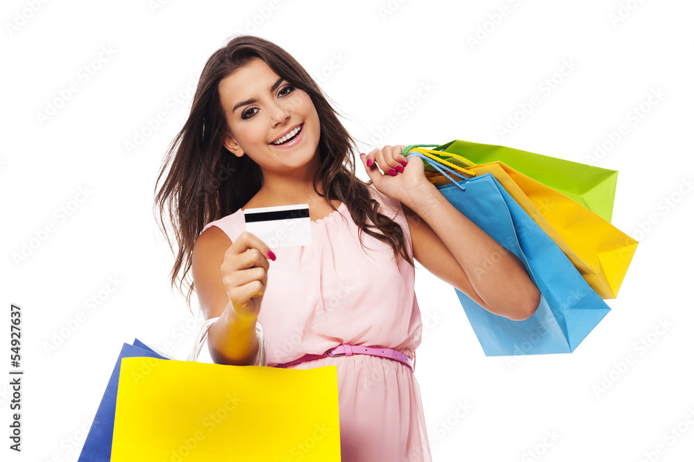 Gorgeous female with shopping bags and credit card Gorgeous female with shopping bags and credit card