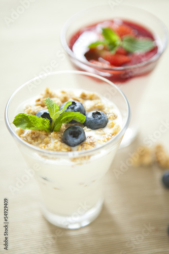 Pannacotta with wild berries and yogurt with blueberries, health