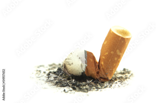 Cigarette butt with ash isolated on white background.