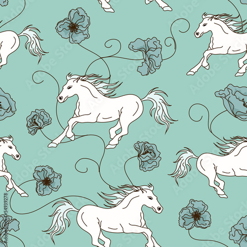 Seamless pattern of racing horses and flowers