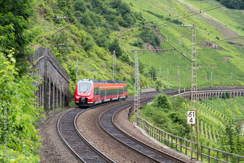 Obraz premium Train driving along vineyards near the river Moselle in Germany