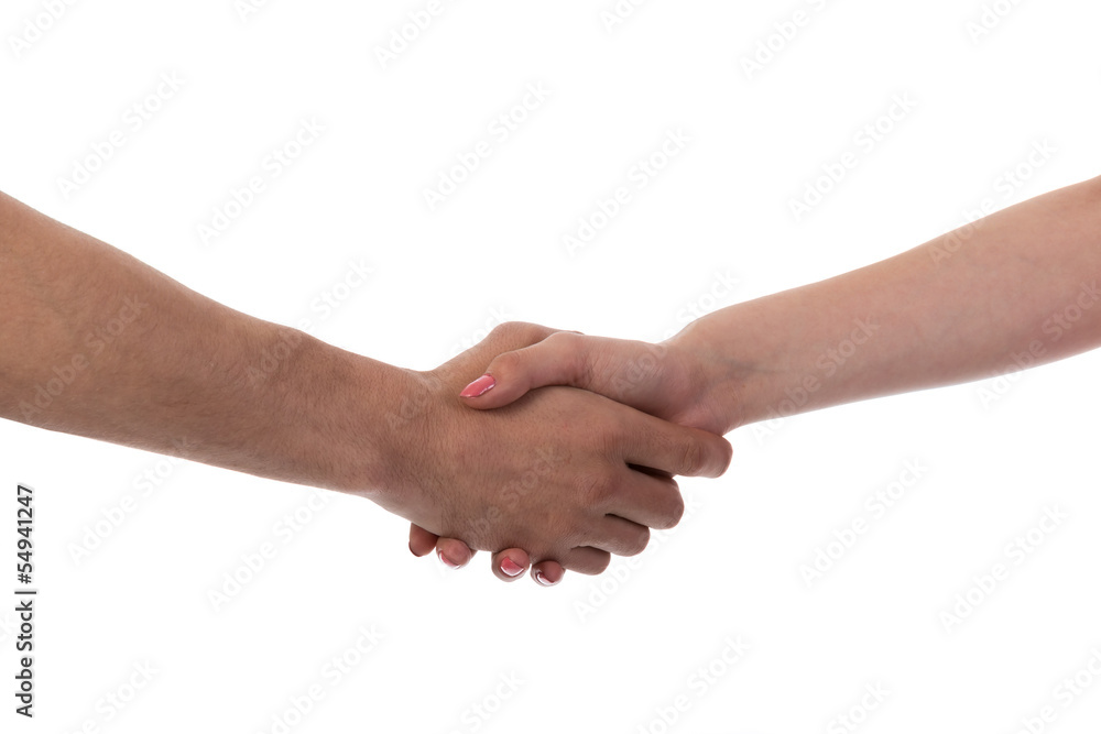 Man and woman shaking hands, isolated on white Man and woman shaking hands, isolated on white