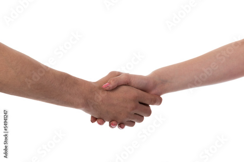 Man and woman shaking hands, isolated on white