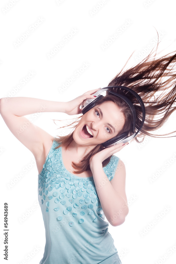 Girl With Headphones Singing On White Background Girl With Headphones Singing On White Background