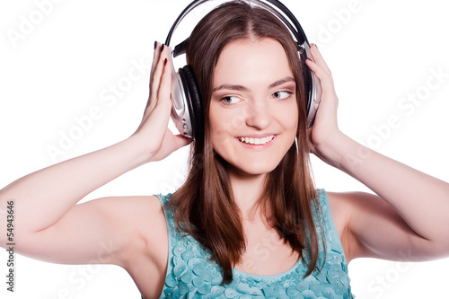 Girl With Headphones Singing On White Background