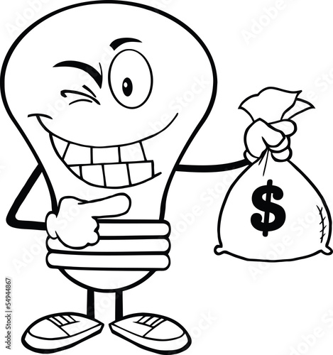 Outlined Light Bulb Cartoon Character Holding A Bag Of Money