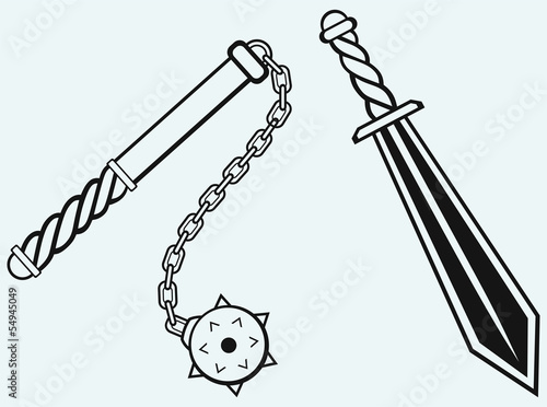 Sword and mace isolated on blue background
