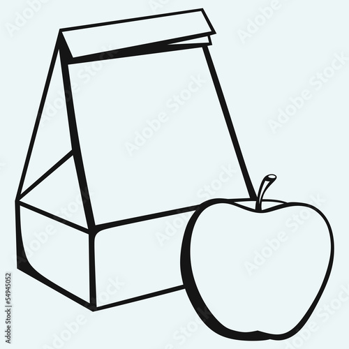 Paper bag and apple isolated on blue background