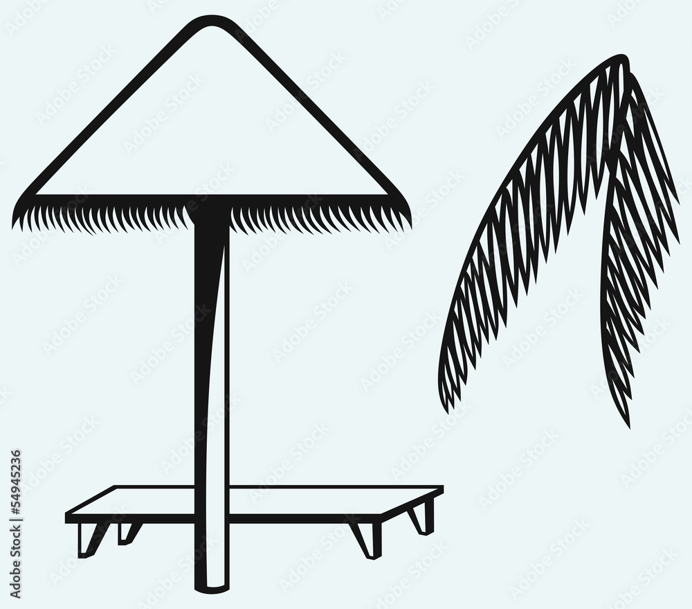 Fototapeta premium Palm leaf and beach umbrella isolated on blue background