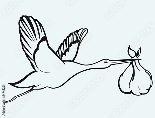 Stork with baby isolated on blue background