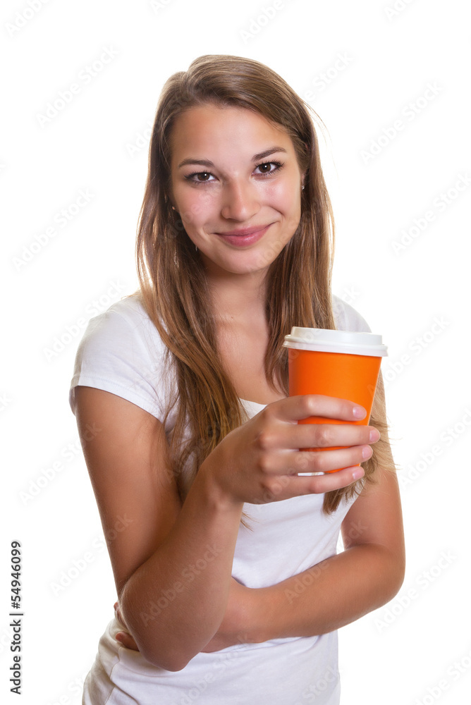 Young girl presenting a cup of coffee Young girl presenting a cup of coffee