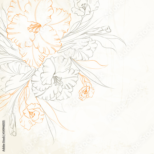 Floral background with hand drawn irises.
