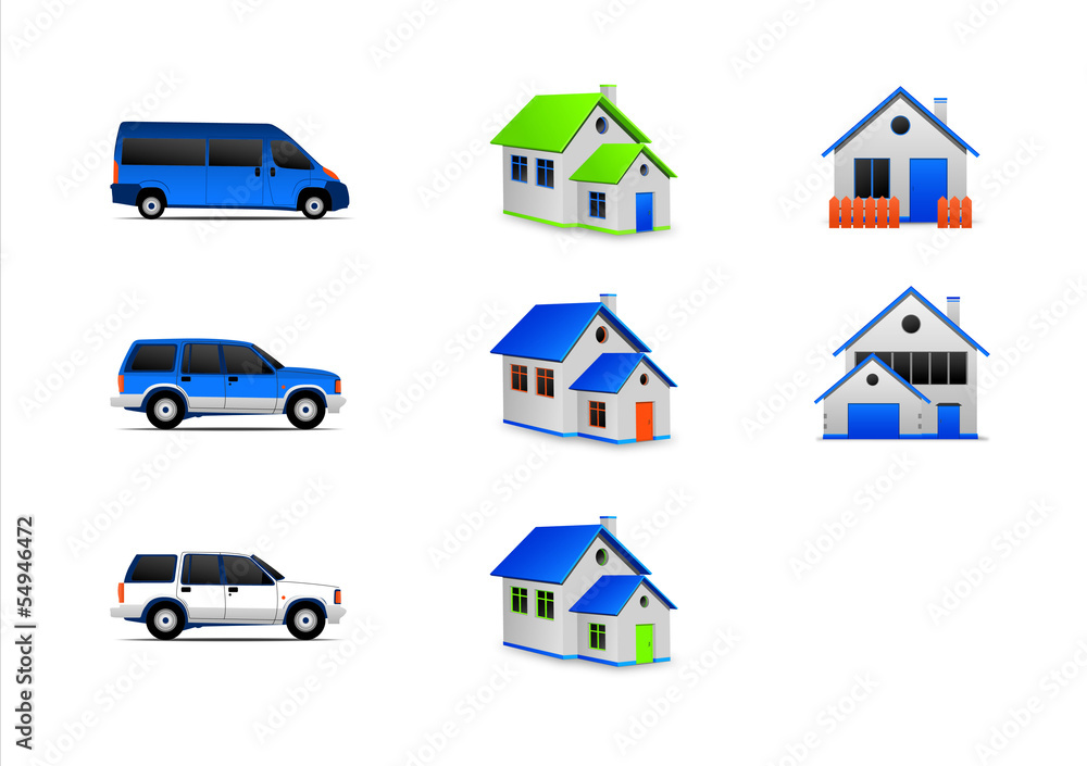 Houses and cars icons vector set