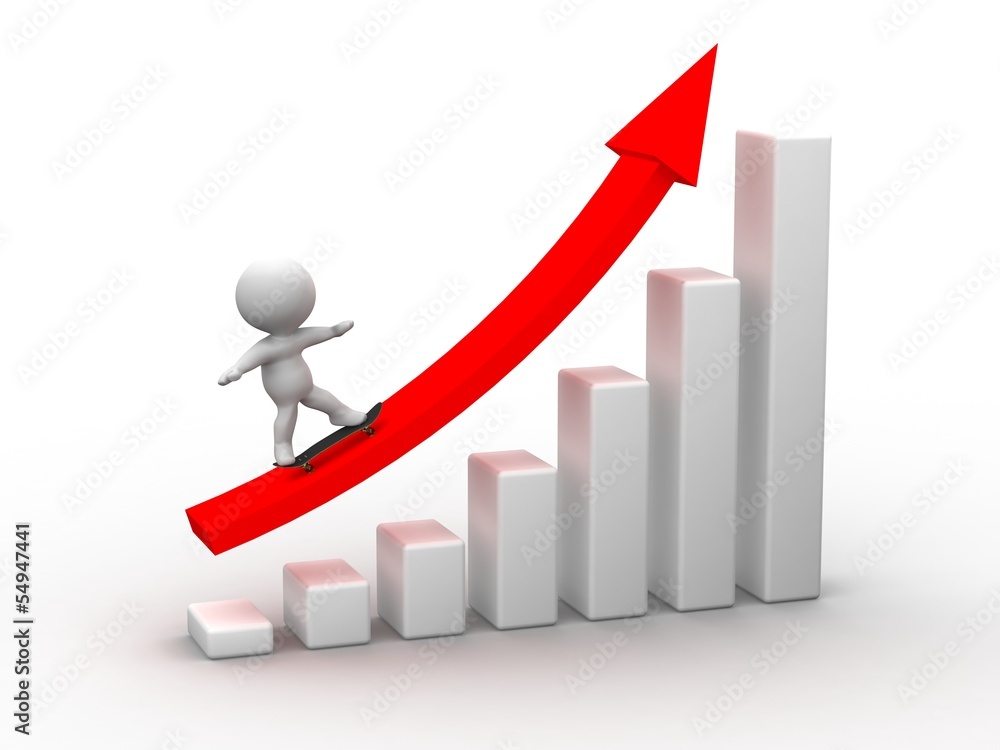 3D Man Riding Skateboard Up A Bar Chart 3D Man Riding Skateboard Up A Bar Chart