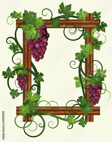 Wooden frame with leafs and grapes, vector