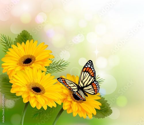 Fototapeta Naklejka Na Ścianę i Meble -  Nature background with yellow beautiful flowers and butterfly. V