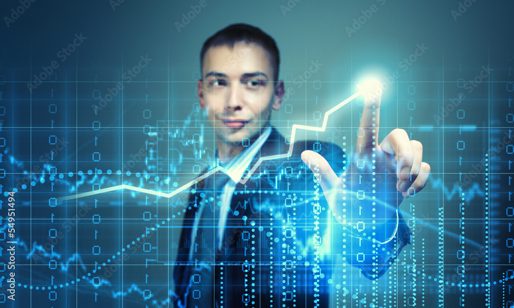 Young businessman touching icon Young businessman touching icon