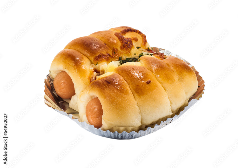 bread with Sausage on white background