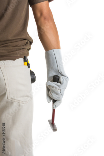 man standing with hammer