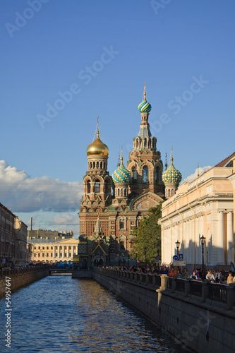 Saint Petersburg church in the blue sky and channel