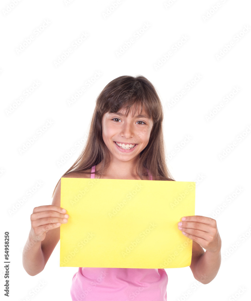 Smiling little girl holding empty yellow board Smiling little girl holding empty yellow board