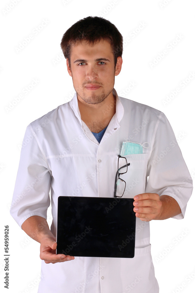 doctor holds pad in front of him doctor holds pad in front of him
