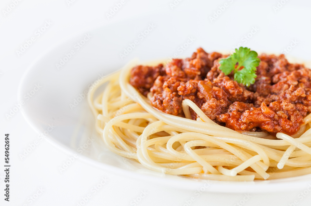 Spaghetti bolognese decorated with coriander leaf Spaghetti bolognese decorated with coriander leaf