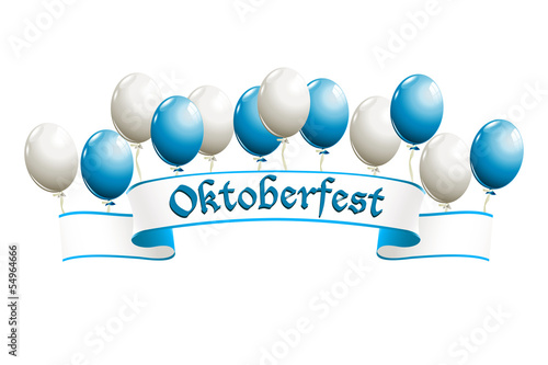 Oktoberfest banner with balloons in traditional colors of Bavari photo