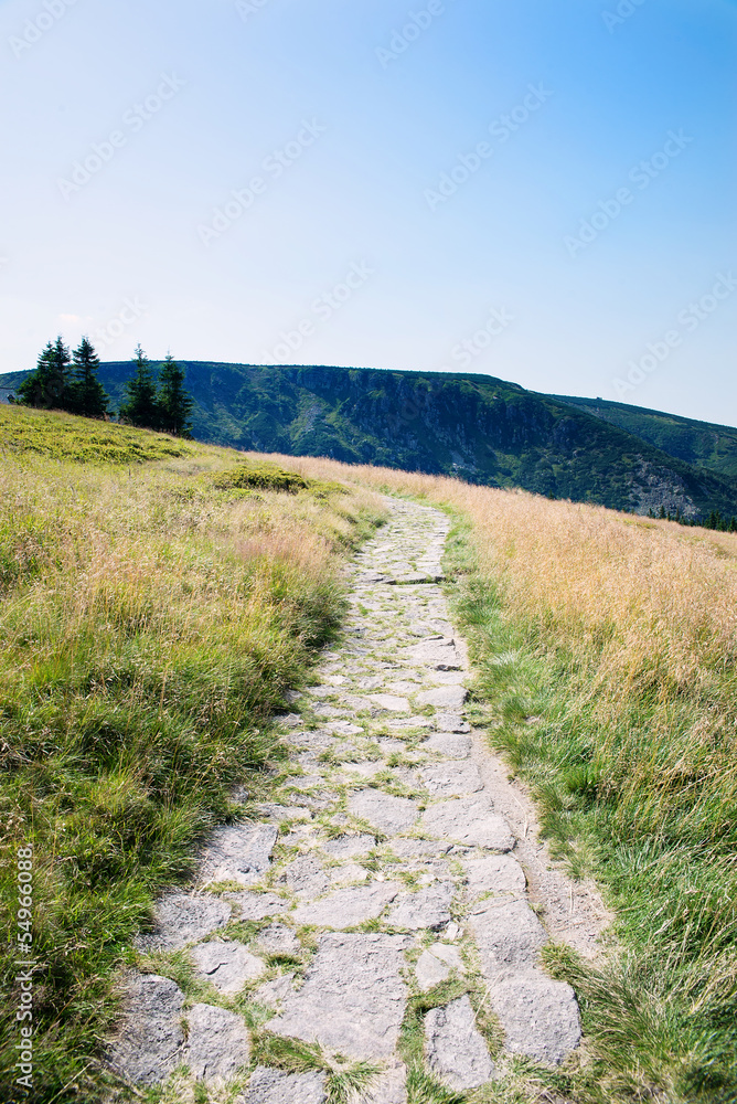Fototapeta premium Mountain trail in Karkonosze Mountains in late summer, Poland.