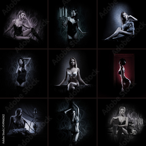 A collage of images with young women posing in erotic lingerie photo