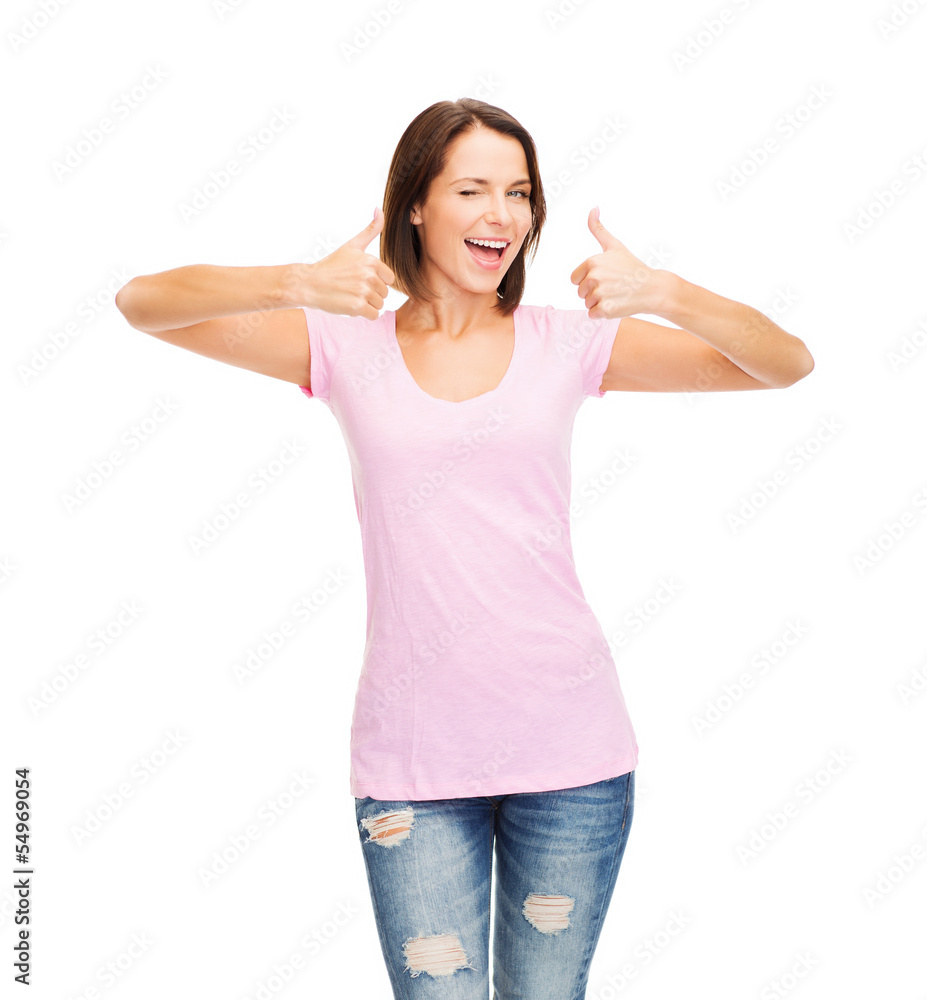 woman in blank pink t-shirt woman in blank pink t-shirt