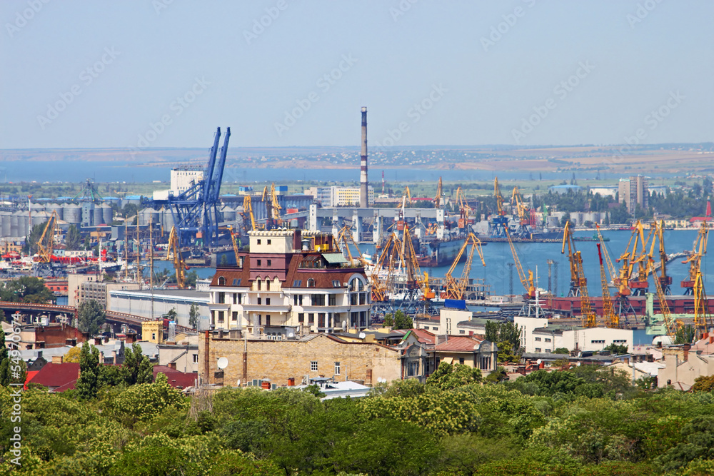 Cargo crane and grain dryer in port Odessa, Ukraine