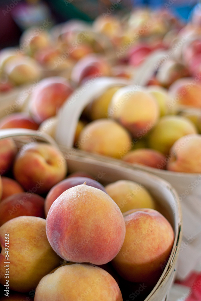 Baskets Of Ripe Peaches For Sale At Farmers Market Baskets Of Ripe Peaches For Sale At Farmers Market
