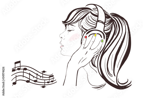 Girl with long hair in headphones. Vector illustration