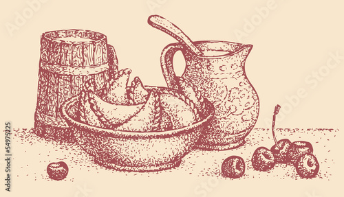 Vector kitchen still life. Dumplingsl, cream in a pot and milk