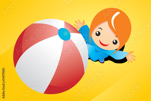 Little girl playing with a beach ball