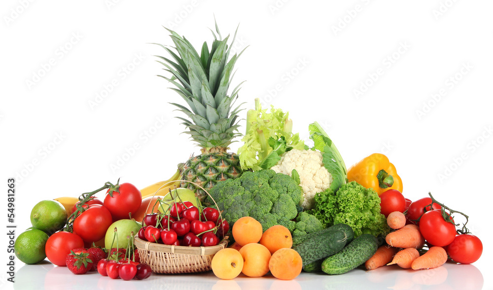 Assortment of fresh fruits and vegetables, isolated on white Assortment of fresh fruits and vegetables, isolated on white