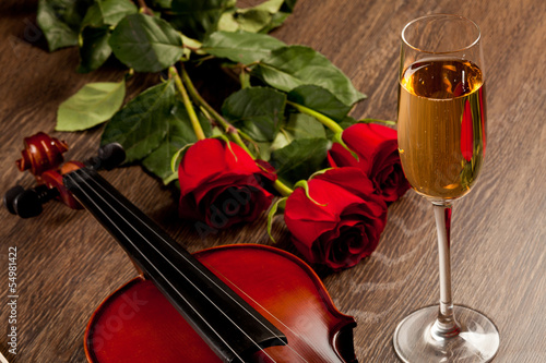 Red roses and a violin