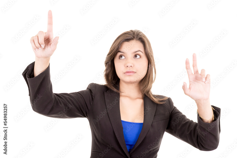 Pretty woman pointing at something in the air Pretty woman pointing at something in the air